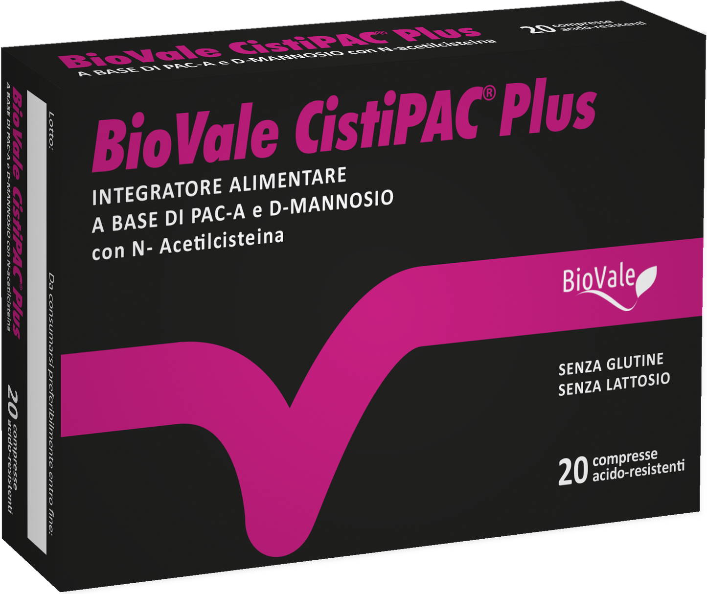 Confezione di BioVale Cistipac Plus, il supporto naturale più efficace per le cistiti ricorrenti e per le prostatiti, grazie ad una formulazione innovativa e unica sul mercato italiano ed europeo.