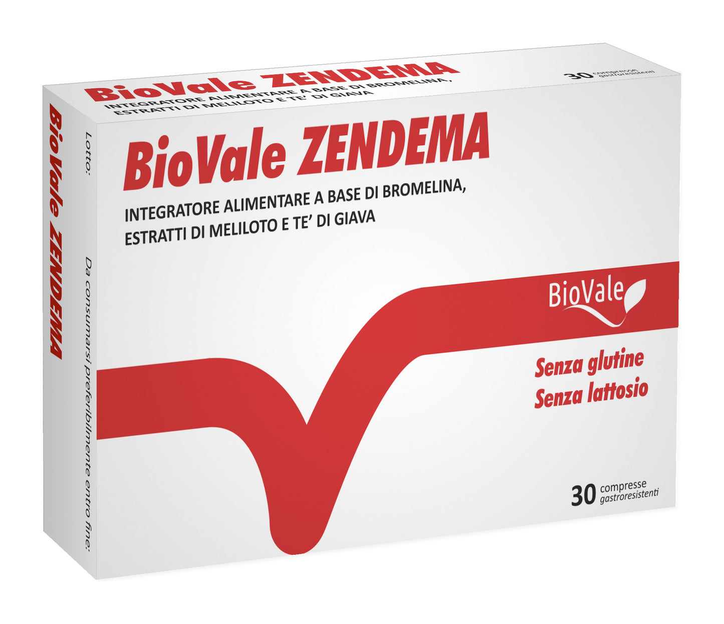 Confezione di BioVale Zendema, l'integratore alimentare a base di Bromelina, estratti di Meliloto, Tè di Giava e Ananas. Ideale per combattere gli inestetismi della cellulite, la ritenzione idrica e l’insufficienza venolinfatica.