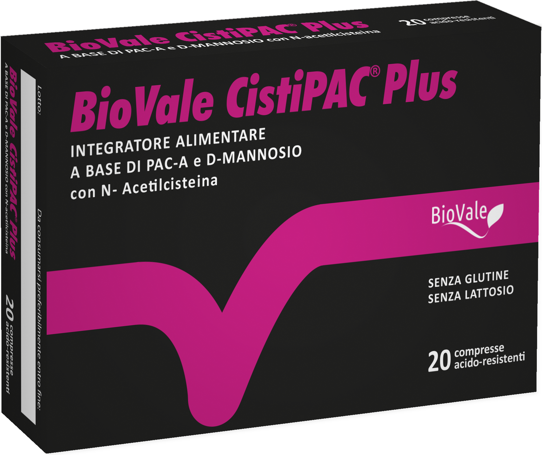 Confezione di BioVale Cistipac Plus, il supporto naturale più efficace per le cistiti ricorrenti e per le prostatiti, grazie ad una formulazione innovativa e unica sul mercato italiano ed europeo.