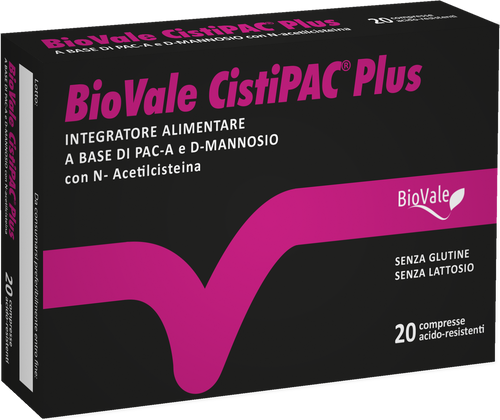 Confezione di BioVale Cistipac Plus, il supporto naturale più efficace per le cistiti ricorrenti e per le prostatiti, grazie ad una formulazione innovativa e unica sul mercato italiano ed europeo.