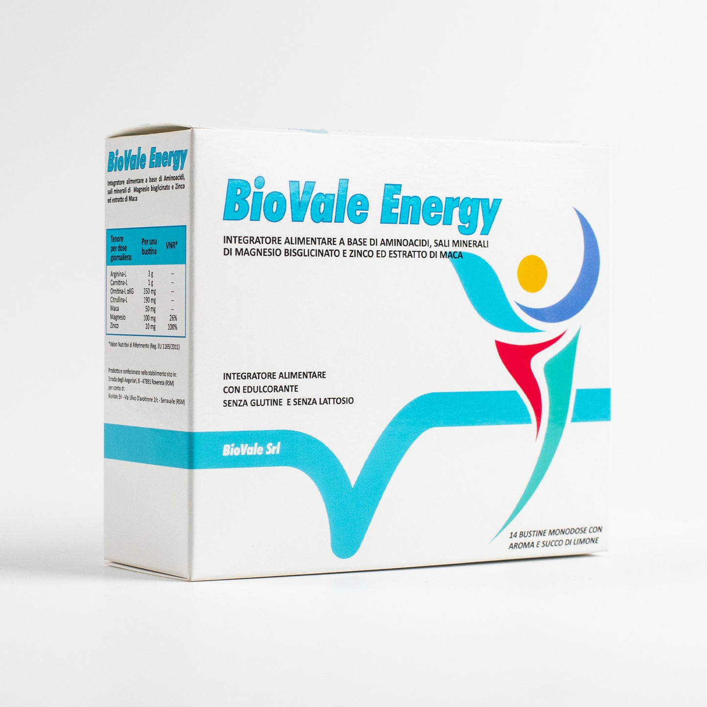 Confezione di BioVale Energy, l'integratore alimentare con aminoacidi, Sali minerali di Magnesio Bisglicinato, Zinco ed estratto di Maca. Ideale per aumentare l’energia del nostro organismo. Recenti ricerche hanno evidenziato un miglioramento significativo sui tempi di recupero nei casi Long-Covid (affaticamento, mancanza di respiro, stanchezza). 
