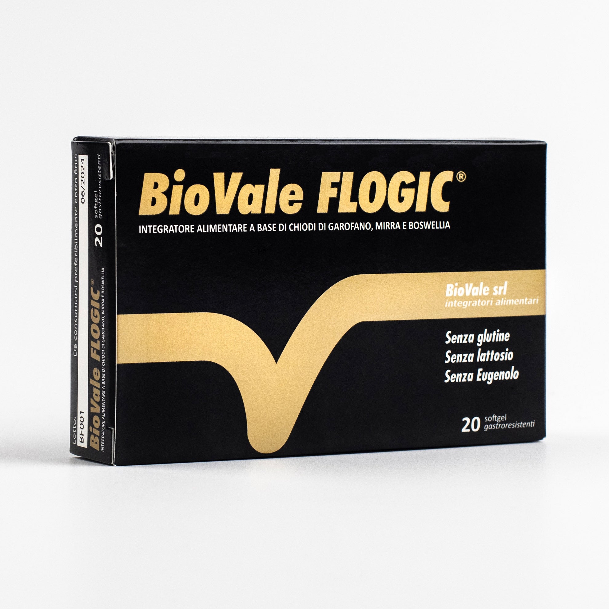 Confezione di BioVale Flogic, l'ntegratore alimentare a base di chiodi di garofano, mirra e boswellia. Ideale per ridurre gli stati infiammatori in campo osteoarticolare e nel dolore neuropatico, nella Fibromialgia. Svolge inoltre un'efficace attività antinfiammatoria in campo otorino-laringoiatrico.