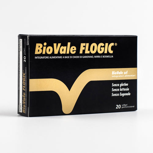 Confezione di BioVale Flogic, l'ntegratore alimentare a base di chiodi di garofano, mirra e boswellia. Ideale per ridurre gli stati infiammatori in campo osteoarticolare e nel dolore neuropatico, nella Fibromialgia. Svolge inoltre un'efficace attività antinfiammatoria in campo otorino-laringoiatrico.
