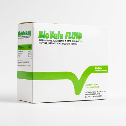 Confezione di BioVale Fluid, l'ntegratore alimentare a base di N-Acetilcisteina, Bromelina e Tiglio. Ideale per combattere bronchite acuta, bronchite cronica, BPCO e bronchiectasie.