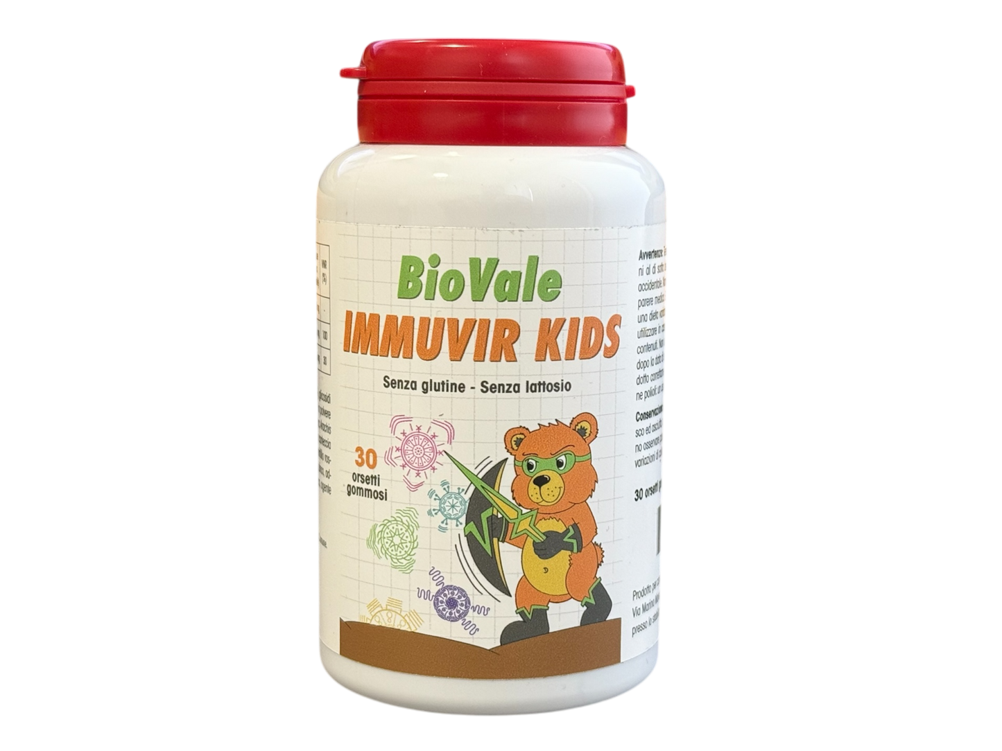 Confezione di BioVale Immuvir Kids, l'Integratore alimentare sotto forma di Orsetti Gommosi al gusto di lampone ideali per proteggere i tuoi bimbi dai virus. La vitamina C e lo zinco contribuiscono alla normale funzione del sistema immunitario, mentre CALSP4-4 è un potente agente antivirale in grado di legare le proteine di rivestimento virale compromettendo così la capacità del virus di infettare le cellule umane.