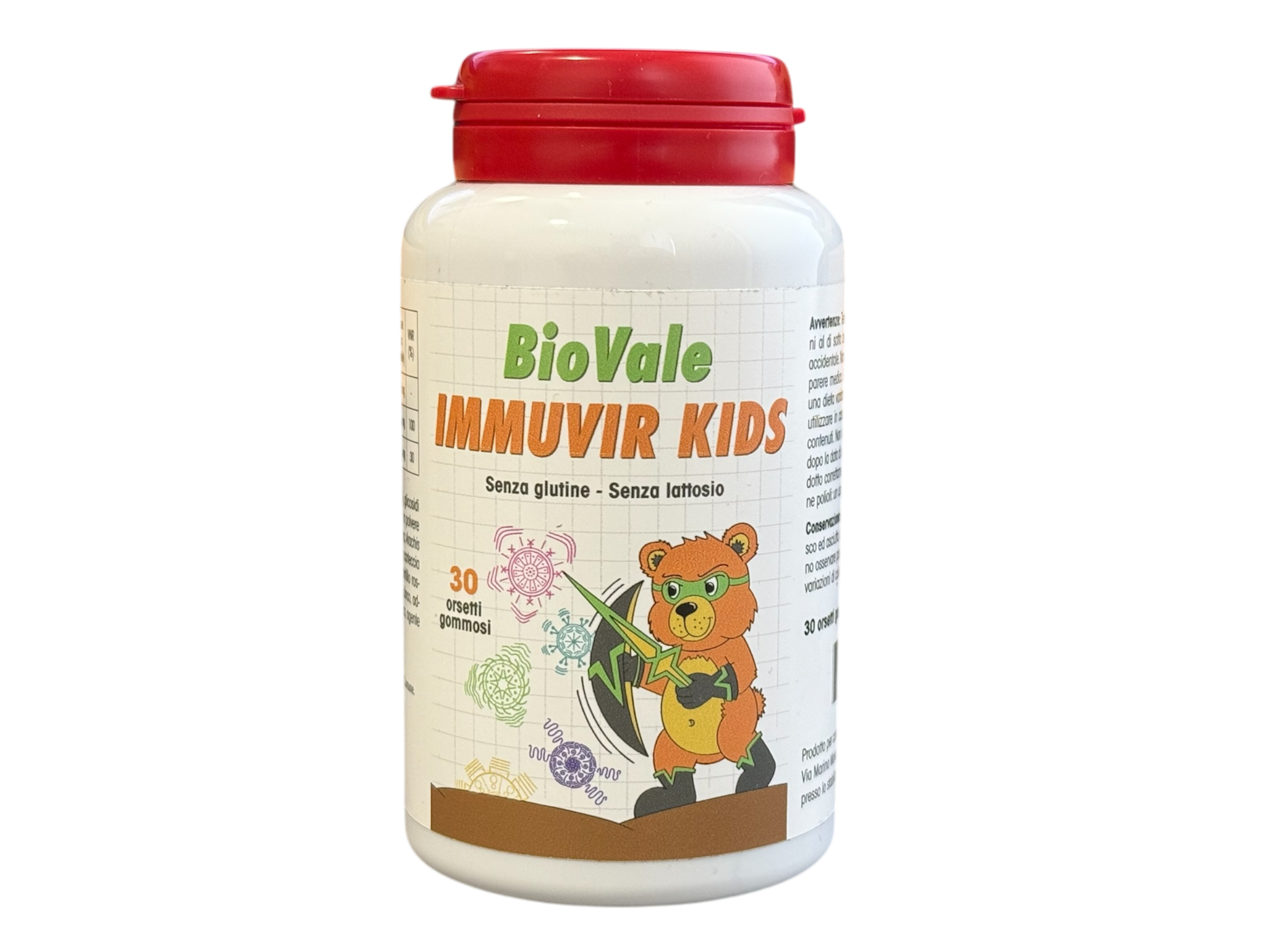 Confezione di BioVale Immuvir Kids, l'Integratore alimentare sotto forma di Orsetti Gommosi al gusto di lampone ideali per proteggere i tuoi bimbi dai virus. La vitamina C e lo zinco contribuiscono alla normale funzione del sistema immunitario, mentre CALSP4-4 è un potente agente antivirale in grado di legare le proteine di rivestimento virale compromettendo così la capacità del virus di infettare le cellule umane.