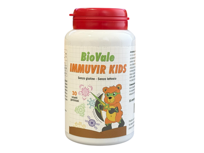 Confezione di BioVale Immuvir Kids, l'Integratore alimentare sotto forma di Orsetti Gommosi al gusto di lampone ideali per proteggere i tuoi bimbi dai virus. La vitamina C e lo zinco contribuiscono alla normale funzione del sistema immunitario, mentre CALSP4-4 è un potente agente antivirale in grado di legare le proteine di rivestimento virale compromettendo così la capacità del virus di infettare le cellule umane.